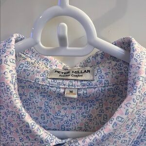 Peter Millar Summer Comfort Shirt - white with Pink and Blue beach design